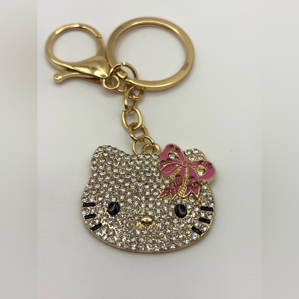 Hello Kitty Crystal Gold tone Bag Charm Keychain pink